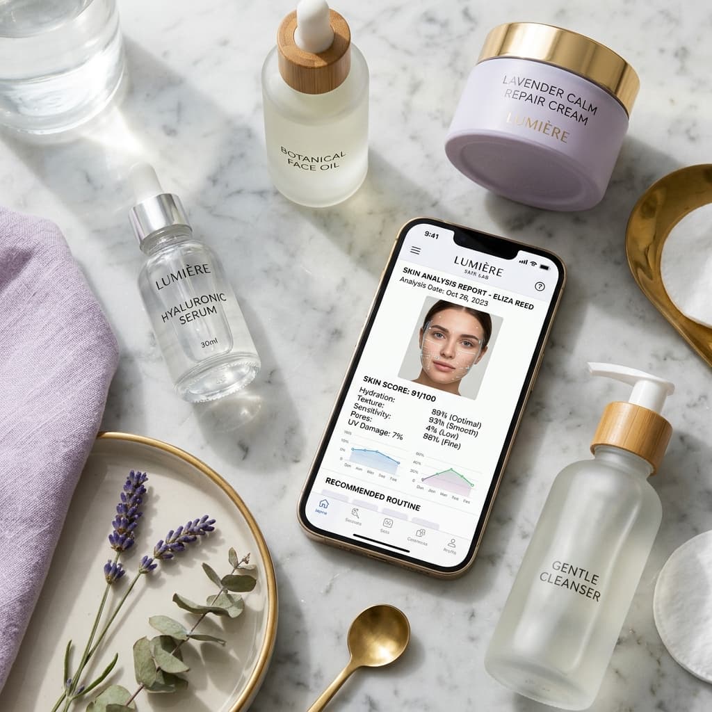 GlowXLab free AI face scanner app interface showing Fitzpatrick skin mapping, ingredient checker, and cycle-synced skincare features